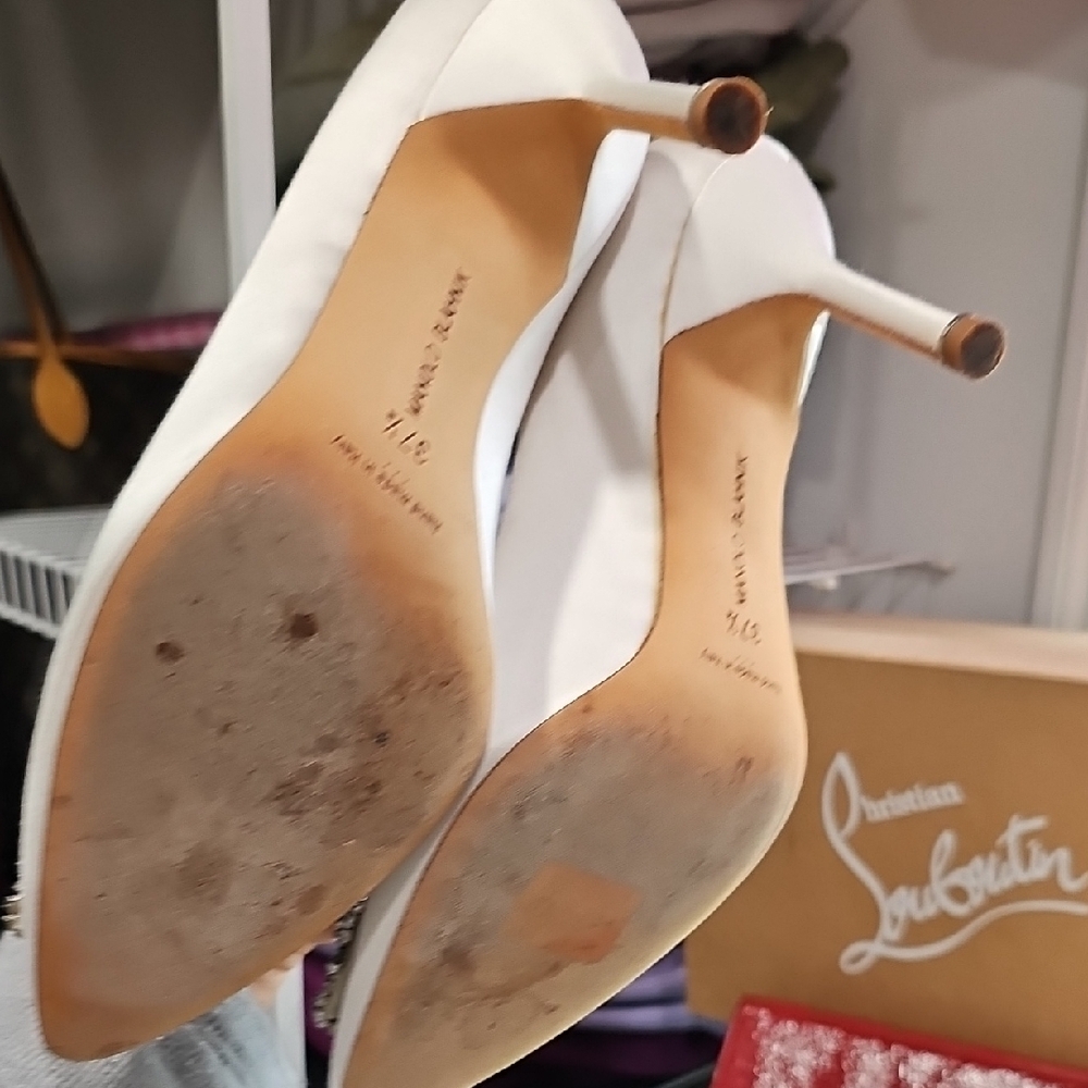 Manolo Blahnik Blue and White Heels with Crystal Detail - Picture 4 of 5